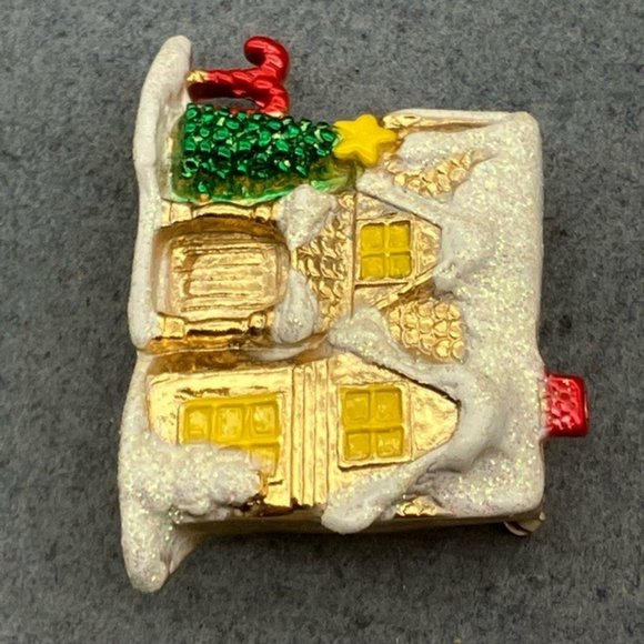 Christmas Pin Brooch House As Is Gold White Snow Green Tree Red Candy Canes - Picture 3 of 9